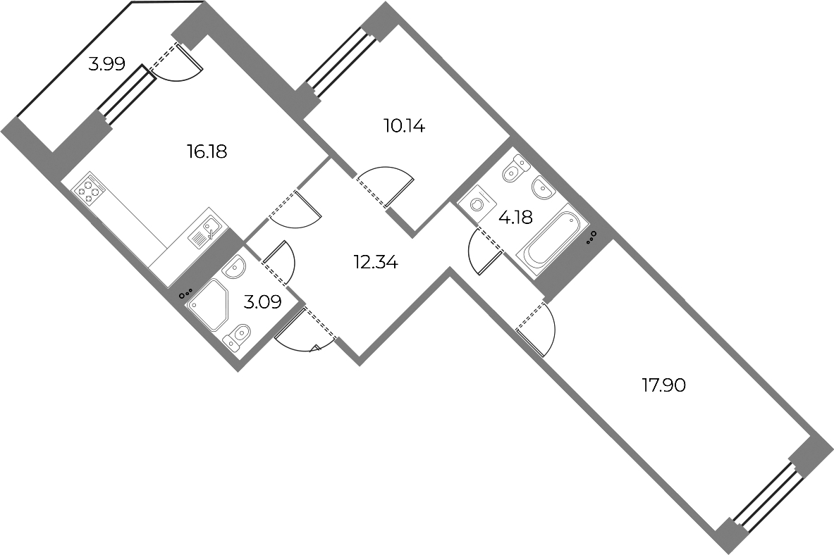 2-комнатная квартира 65.83 м², 13/13 эт., ЖК «Огни Залива»